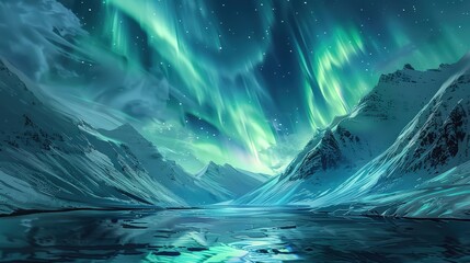 Vibrant Aurora Borealis Casting Colorful Glow Over Frozen Arctic Landscape With Mountains