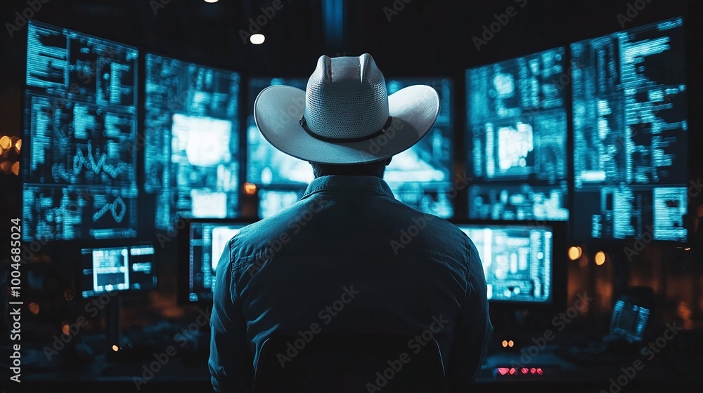 Poster a white cowboy hat-wearing ethical hacker working in a dark room, surrounded by screens showing hack