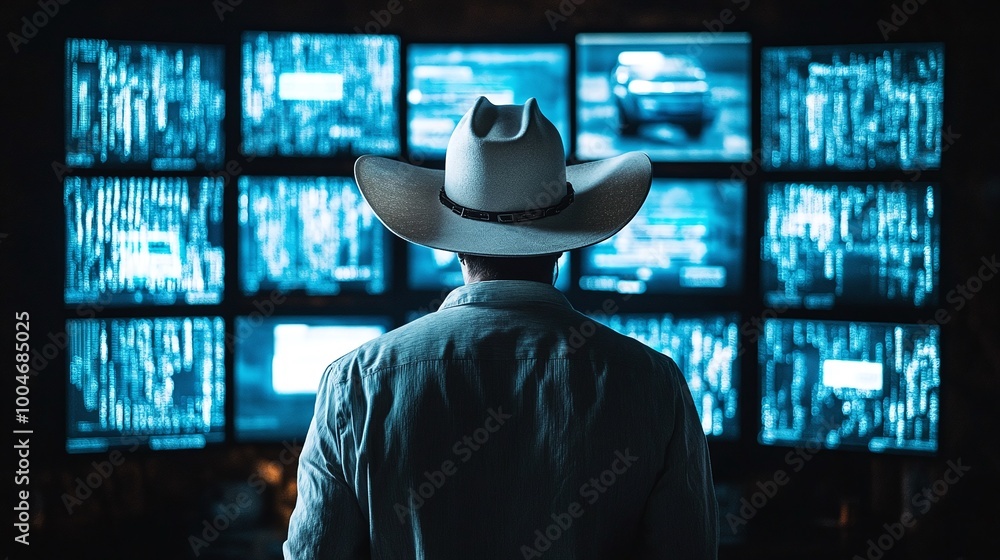 Poster a white cowboy hat-wearing ethical hacker working in a dark room, surrounded by screens showing hack