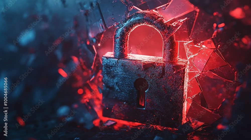 Poster digitally created shattered padlock symbolizing the breakdown of digital security, representing vuln