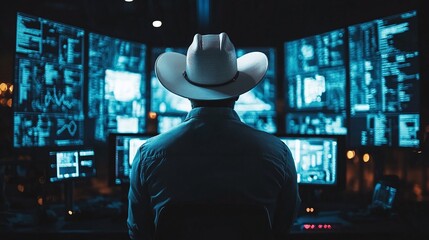 a white cowboy hat-wearing ethical hacker working in a dark room, surrounded by screens showing hacking code, symbolizing the critical importance of cybersecurity and digital protection