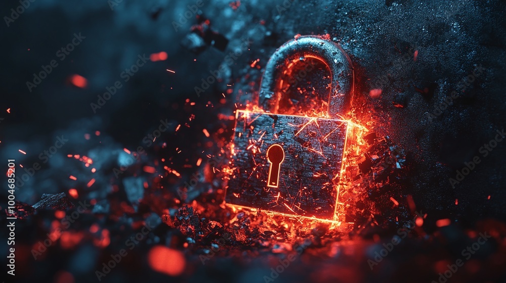 Poster digitally created shattered padlock symbolizing the breakdown of digital security, representing vuln