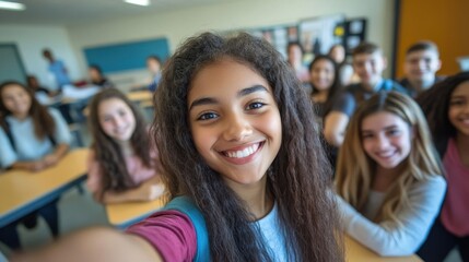 Happy young students taking a selfie portrait together in a university or school classroom. An African American girl takes a photo with her smiling classmates. Friends at the Academy