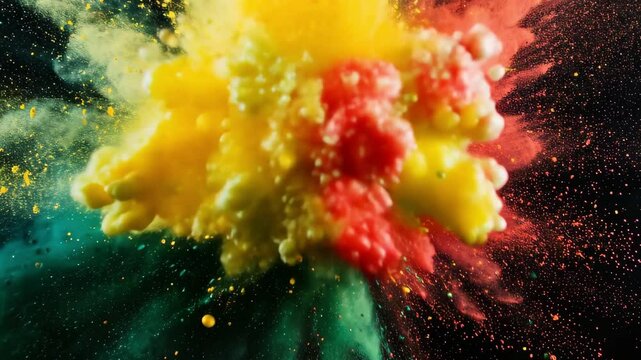 Colored powder explosion. Explosive splash red, yellow, green color powder dusk on black background. Black history month background