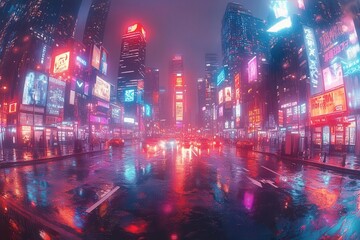 Obraz premium 360degree seamless spherical panorama of a cyberpunk night city showcasing neon lights and futuristic architecture perfect for immersive digital environments