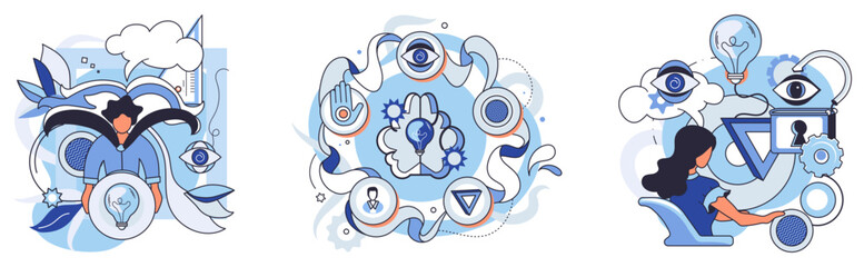 Abstract thinking. Three interconnected artworks show a blend of eyes, light bulbs, gears, and abstract human figures in blue and white tones. Ideal for creativity, innovation, vision, abstract