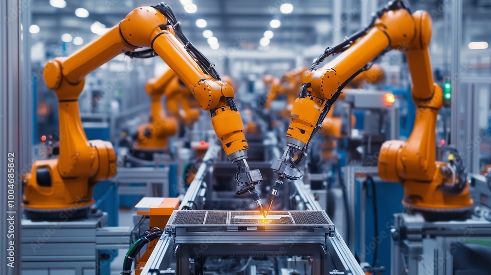Poster advanced robotic arms welding metal parts in a busy factory during daylight hours in an automated ma
