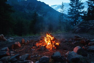 A bonfire burns in a clearing in the mountains