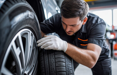 Obraz premium A skilled mechanic checks the condition of a car tire in a well-lit garage, ensuring safety and performance for the vehicle