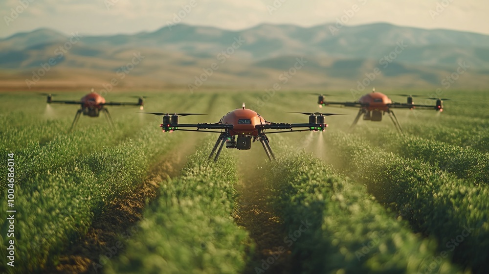 Poster agricultural drones equipped with advanced spraying systems flying over fields, ensuring efficient p