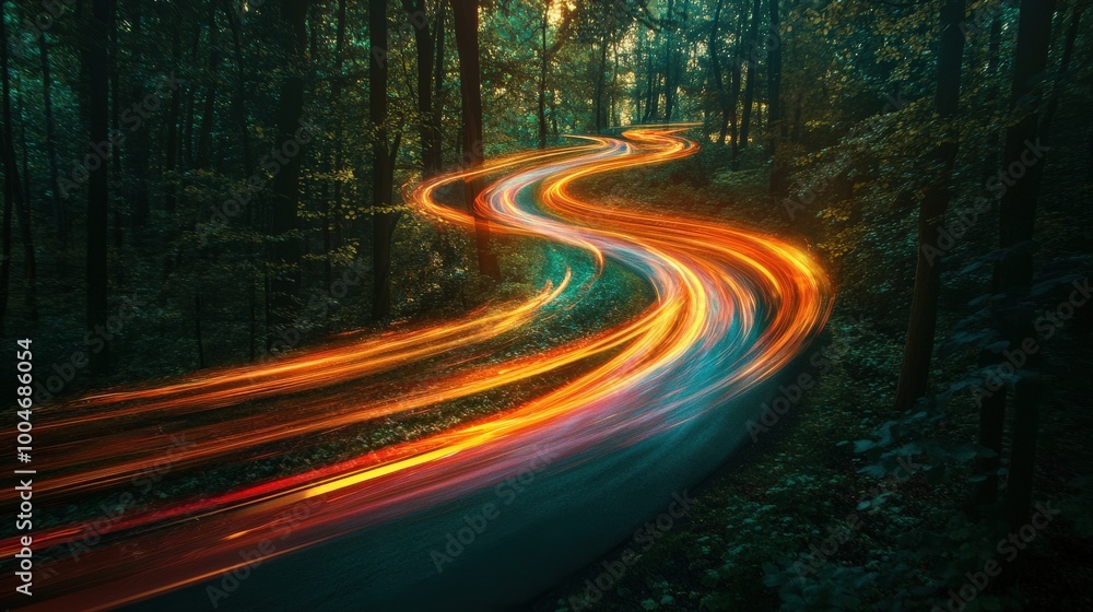 Poster brightly colored light trails snake through a tranquil forest path at dusk, illuminating the surroun