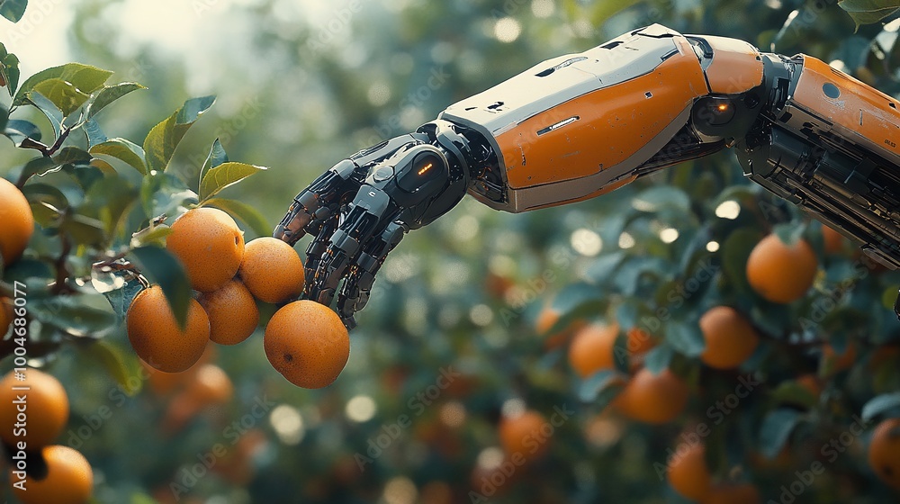 Poster advanced robotic arm with sensors and ai technology in an orchard, picking ripe fruit from trees wit