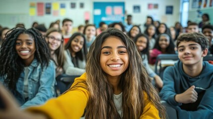 Fototapeta premium Happy young students taking a selfie portrait together in a university or school classroom. An African American girl takes a photo with her smiling classmates. Friends at the Academy