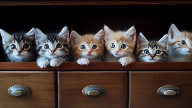 Adorable kittens with big blue eyes peek out from a drawer.. AI Generation