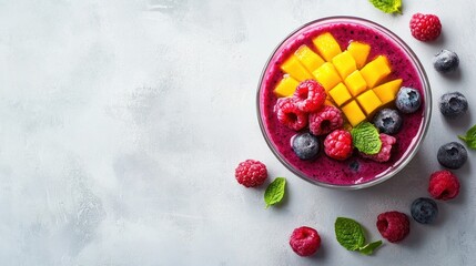 berry and fruits smoothie banner. Berry and mango fruit smoothies in glasses on light grey concrete background. Top view, copy space. Fresh organic Smoothie ingredients. Superfoods and detox diet foo