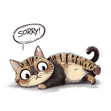 Sorry Cat Cartoon: A cute, cartoon cat with big eyes and a striped coat lies on its belly, looking up with a speech bubble above its head that says "Sorry!".