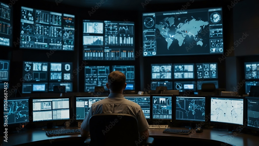 Poster high-tech control room monitoring systems.