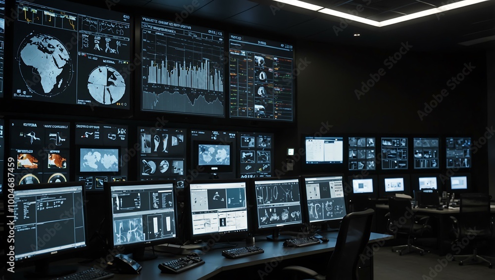 Poster high-tech control room monitoring systems.