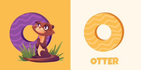 Cute Otter together with the letter O. Children's alphabet set. Educational card or poster, postcard for kids in kindergarten. Vector illustration