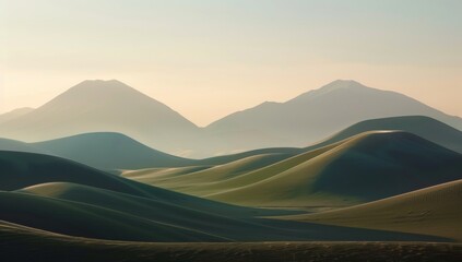 Fototapeta premium The photograph shows the rolling hills of an arid landscape at dawn, with soft light casting long shadows over the rugged terrain