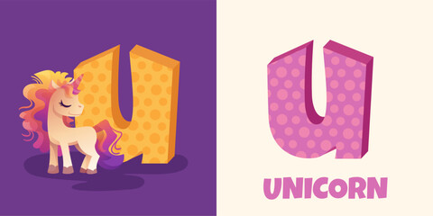 Cute hand drawn unicorn together with the letter U. Children's alphabet set. Educational card or poster, postcard for kids in kindergarten. Vector illustration