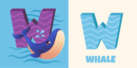 Cute Animal Alphabet, Letter Series A-Z for kids. Vector cartoon character of Whale for letter W