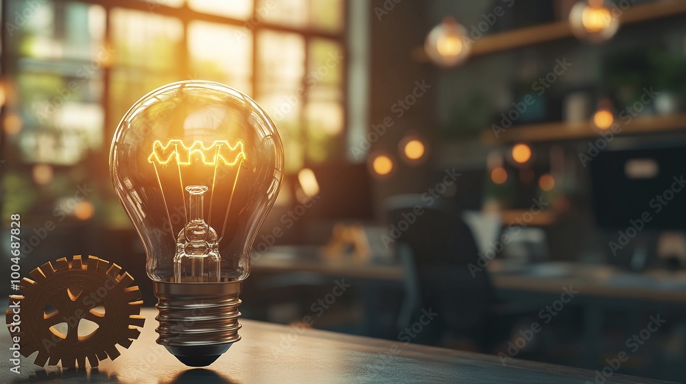 Poster conceptual image showcasing business innovations with a lightbulb and gears representing creative so