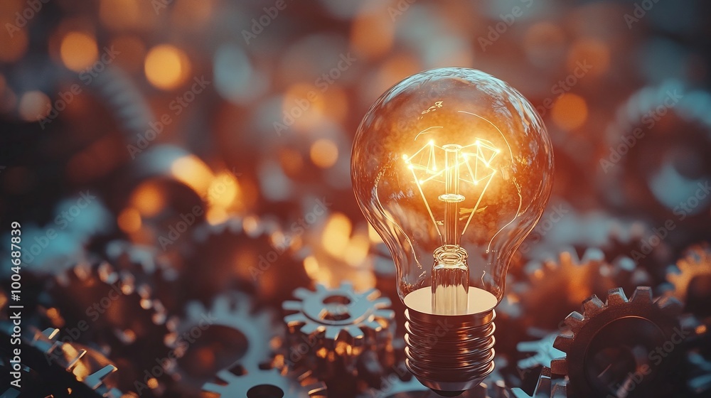 Poster conceptual image showcasing business innovations with a lightbulb and gears representing creative so
