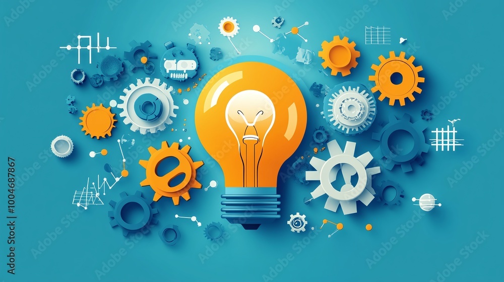 Poster conceptual image showcasing business innovations with a lightbulb and gears representing creative solutions in a corporate setting emphasizing growth and strategic problem-solving