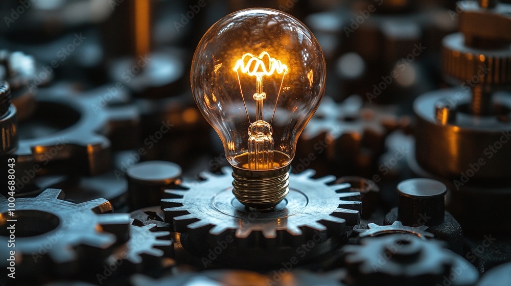 Poster conceptual image showcasing business innovations with a lightbulb and gears representing creative so
