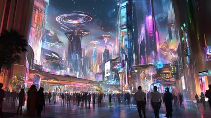 Obraz premium Sleek and energy efficient skyscrapers hover transportation vibrant neon lights and a dynamic crowd in a futuristic cyberpunk inspired cityscape set in the year 2025