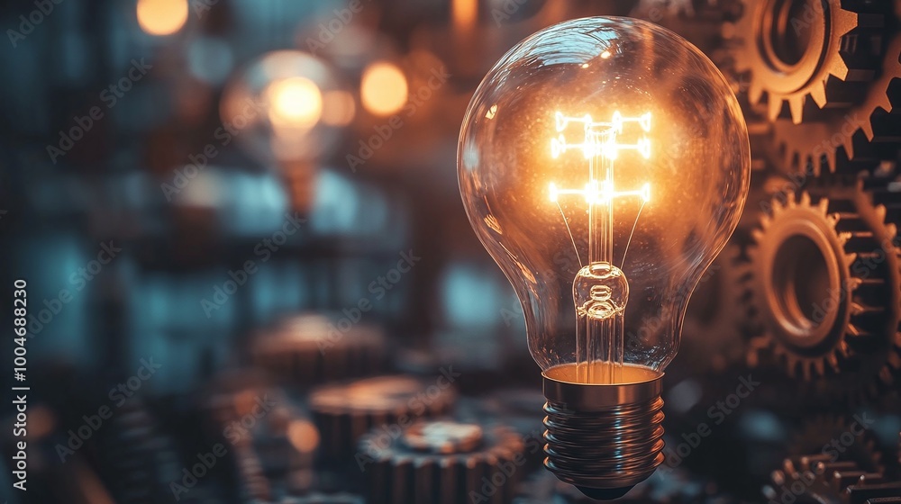 Poster conceptual image showcasing business innovations with a lightbulb and gears representing creative so