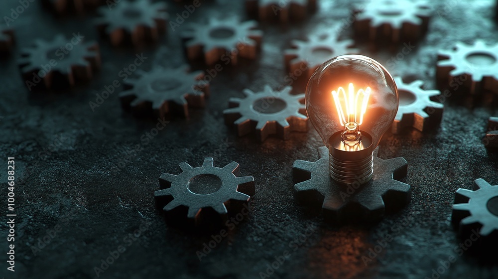 Poster conceptual image showcasing business innovations with a lightbulb and gears representing creative so