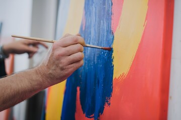 Obraz premium Artist paints abstract with bold strokes, blurred background highlights creative process.