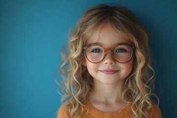 Obraz premium a cheerful little girl with curly blond hair and oversized eyeglasses set against a solid blue background that enhances her playful expression and innocence