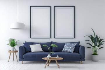 Two blank poster frames on wall of modern living room with navy blue sofa, white walls, wooden table and lamp