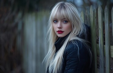 Naklejka premium The young woman stands against a wooden fence, showcasing her long blonde hair and red lips in a soft twilight ambiance