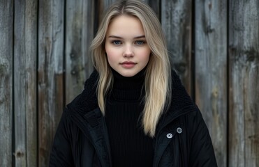 Fototapeta premium A young woman poses with a calm demeanor in front of weathered wooden planks, wearing a cozy black coat and a turtleneck sweater