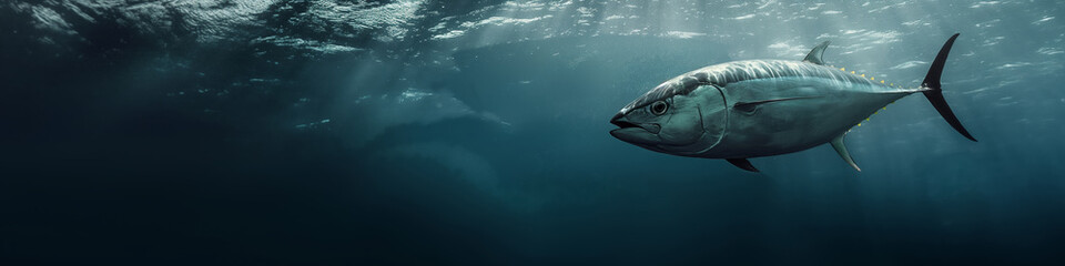Fototapeta premium Underwater view of huge tuna in dark water. A big fish in the ocean.