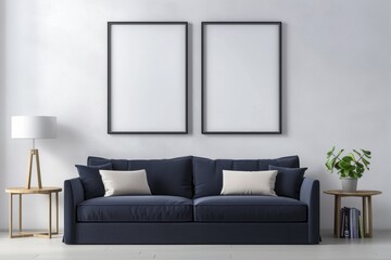 Fototapeta premium Two blank poster frames on wall of modern living room with navy blue sofa, white walls, wooden table and lamp