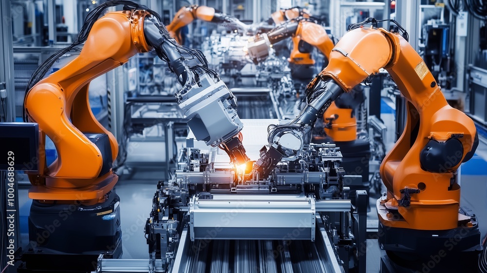 Poster automated robotic arms working together in a modern assembly line during the day at a manufacturing 