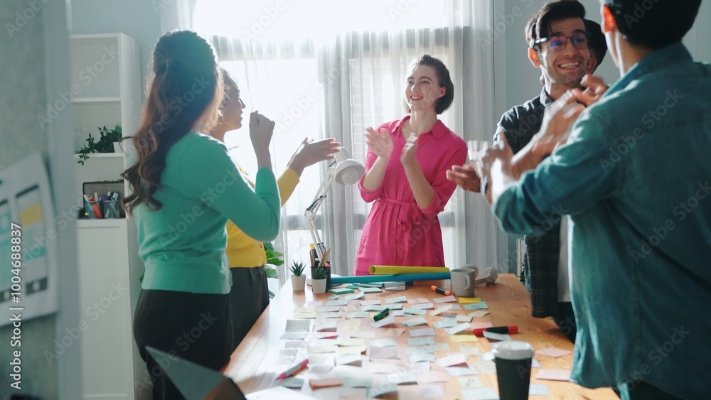 Poster top down view of professional business people clapping hand to celebrate successful project. aerial 