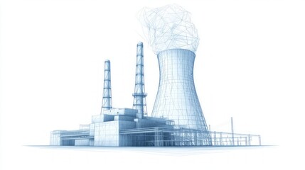 A wireframe representation of an industrial power plant with smokestacks and cooling tower.