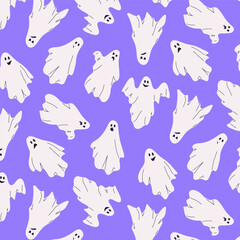 Cute halloween ghost seamless pattern repeat print background. Cartoon funny doodle scary characters for kids, happy October holiday design. Vector texture