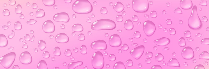 Pink waterdrop banner background. Condensate serum or essence drops. Cosmetic advertainment banner. Stock vector illustration in realistic style