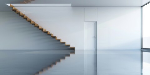 Obraz premium Water on the floor of an empty modern apartment with white walls and stairs, silver reflective surface, reflection of the ceiling in the liquid water