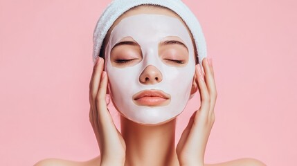 A woman applies a facial mask, promoting skincare and relaxation.