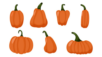 Pumpkins of different shape set. background autumn