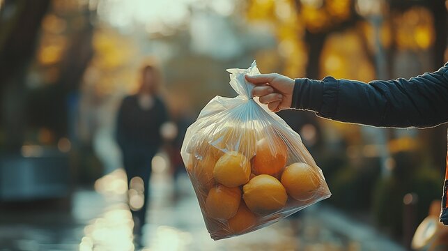 a volunteer gives a grocery bag to a person in need representing food charity and donation efforts supporting the community and fighting hunger