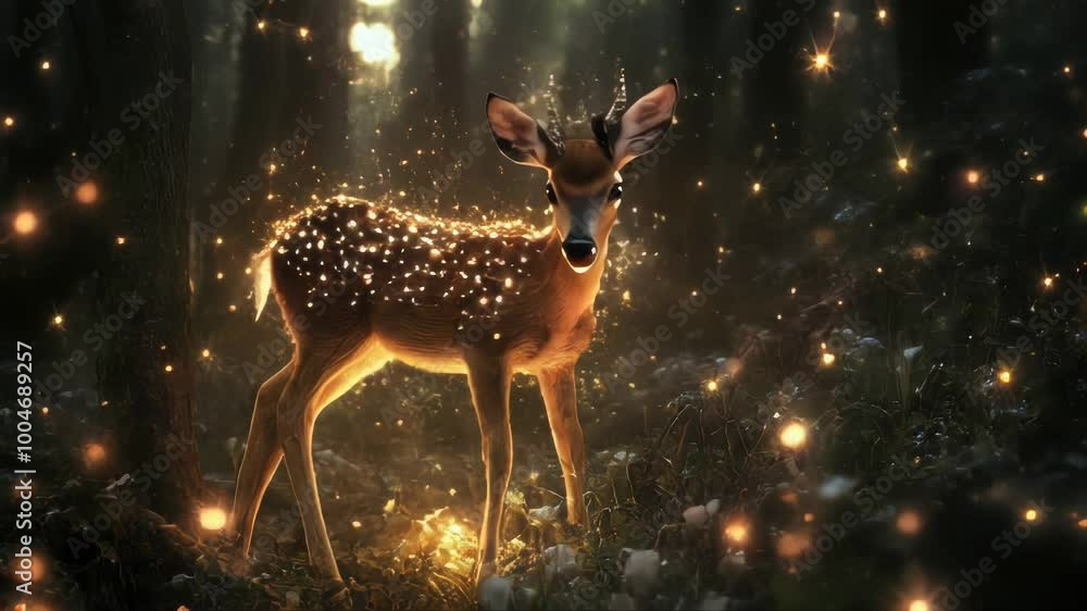 Poster a magical deer standing in the forest with glittering lights around it.. ai generation
